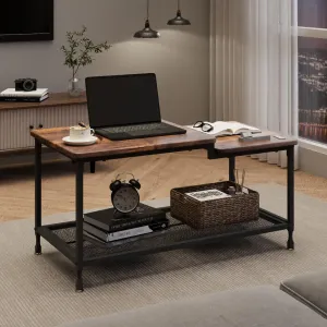 Industrial Coffee Table 2-Tier Rustic Center Table with Mesh Shelf, High-Density MDF, Metal Frame, Easy Assembly, Living Room