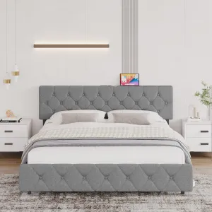 Queen Size Bed Frame with USB Ports，Upholstered Platform with Adjustable Headboard, Strong Frame and Wooden Slats Support, Linen Fabric Wrap No Box Spring Needed, Easy Assembly, Light Gray