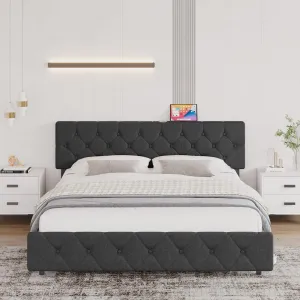 Queen Size Bed Frame with USB Ports，Upholstered Platform with Adjustable Headboard, Strong Frame and Wooden Slats Support, Linen Fabric Wrap No Box Spring Needed, Easy Assembly, Dark Grey