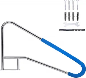 Pool Rail 55"x 32", 304 Stainless Steel 385LBS Load Capacity Silver Rustproof Pool Handrail for Inground Pool with Blue Grip Cover & Accessories