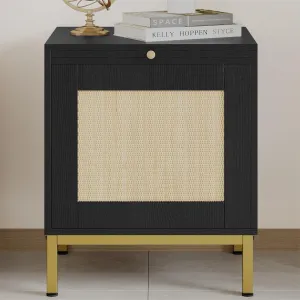 Rattan Night Stand, End Table with Storage Cabinets and Tray, Side Table with Sturdy Metal Legs for Bedroom, Living Room, Office, Black