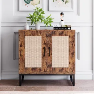 Rattan Buffet Cabinet, Accent Cabinet with Rattan Doors, Kitchen Storage Sideboard, Console Table for Dining Room, Living Room, Hallway, Brown