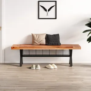 Outdoor Bench with Storage Basket, Outdoor Patio Acacia Wood Benches, Park Bench for Patio Porch, for Backyard, Garden, Lawn, Porch, Bedroom, Iron Feet, Teak Color