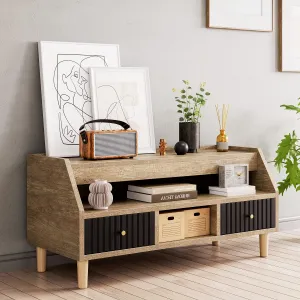Small TV Stand with Storage for 50-inch TV, Modern Design, 2 Drawers, Open Shelves, Grey Oak, Living Room