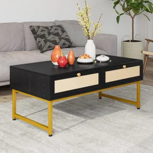 Rattan Coffee Table with Storage, Mid Century Modern Rectangle Center Table with 2 Drawers & Metal Frame, Accent Table for Living Room, Apartment, Black