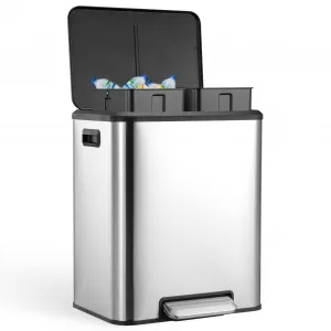 8 Gallon Stainless Steel Dual Trash Can Recycling Bin with Removable Inner Bin and Soft Close Lid for Kitchen and Home Office, Silver