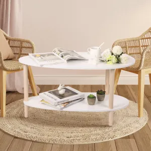 Modern Oval Coffee Table for Living Room, Wood Boho End Table with Storage and Display 2 Tier Small Sofa Table Boho Center Table for Bedroom Home Office, White