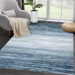 Modern Blue 9x12 Vintage Washable Rug, Distressed Non Slip Low Pile Area Carpet for Living Room Dining Room