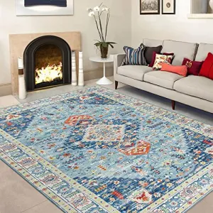 Living Room Area Rug, 9x12 Large Boho Dining Room Rug Soft Non Slip Bedroom Carpet Distressed Non Shed Oriental Floorcover Traditional Print Floor Carpet for Kitchen Dorm, Light Blue