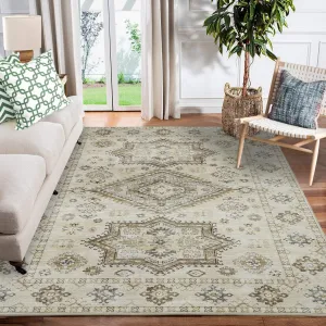 Area Rug 5x8 Vintage Rug Boho Area Rug Non Slip Indoor Floor Cover Low-Pile Oriental Distressed Carpet Boho Rug for Living Room Bedroom Nursery Kitchen, 5' x 8' Taupe