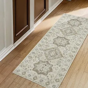 Vintage Runner Rug 2x6 Indoor Hallway Runner Distressed Soft Floral Print Area Rugs Boho Floor Carpet for Bedroom Non Slip Durable Runner Mat for Entryway Kitchen Laundry Bathroom,Taupe