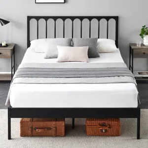 Full Size Metal Platform Bed Frame with Wave Wooden Headboard, Heavy Duty Slats, Noise-Free, Easy Assembly, Black