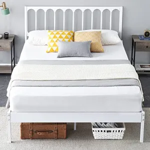 Full Size Metal Platform Bed Frame + Wave Wooden Headboard + Heavy Duty Metal Slats Support + No Box Spring Needed + No Noise + Easy Assembly + White + Bedroom
