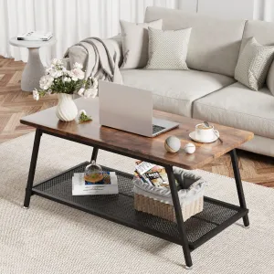 Coffee Table Industrial Brown Center Table 2-Tier Living Room with Mesh Shelf Rustic Cocktail Table Metal Frame, Easy to Assemble, Rustic Brown