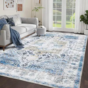 Oriental Blue 10x13 Washable Rugs Living Room Rug Non Slip Vintage Rug Stain-Resistant Indoor Carpet Low Pile Distressed Rug Non Shedding Throw Rug for Living Room Bedroom Home Decor Office