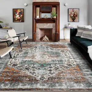 Oriental Rusty Brown 9x12 Area Rug, Vintage Floral Distressed Carpet Non Slip Indoor Floor Cover Lightweight Thin Rug Washable Rug Low Pile Accent Rug for Living Room Dining Room