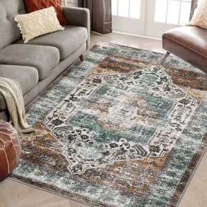Oriental Rusty Brown 4x6 Area Washable Rug Vintage Print Rug Indoor Floor Cover Distressed Carpet Ultra Thin Rug Foldable Chenille Rug for Home Entryway Bedroom Living Room