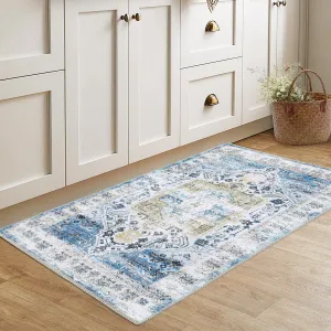 Area Rug 2x3 Machine Washable Rug Blue Vintage Distressed Area Rugs Indoor Floor Cover Carpet Rug Soft Velvet Mat Foldable Accent Rug for Living Room Bedroom, 2'x3', Blue