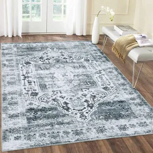Area Rug 6x9 Grey Vintage Distressed Area Rugs Machine Washable Rug Indoor Floor Cover Carpet Rug Soft Velvet Mat Foldable Accent Rug for Living Room Bedroom Dining Room, 6' x 9', Grey