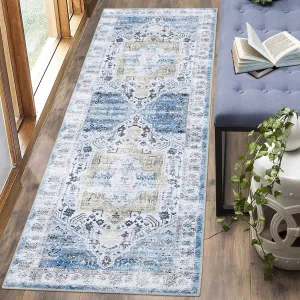 Blue 2x6 Area Rug Vintage Rug Machine Washable Rug for Bedroom Living Room Indoor Floor Cover Foldable Lightweight Thin Rug Distressed Carpet Non Slip Chenille Rug
