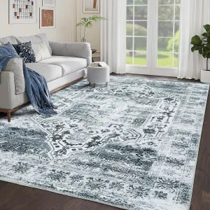 Oriental Grey 10x13 Area Washable Rugs Living Room Rug Non Slip Vintage Rug Stain-Resistant Neutral Carpet Low Pile Distressed Rug Non Shedding Rug for Living Room Bedroom Home Decor Office