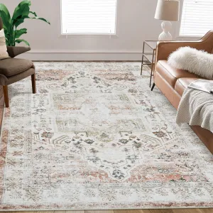 Area Rug 4x6 Washable Rug Taupe Vintage Distressed Area Rugs Indoor Floor Cover Carpet Rug Soft Velvet Mat Foldable Accent Rug for Living Room Bedroom Dining Room, 4'x6', Taupe