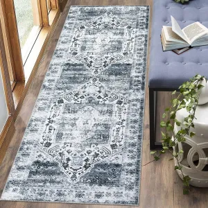 Runner Rug 2x8 Machine Washable Rug for Hallway Entryway Grey Vintage Distressed Area Rugs Indoor Floor Cover Carpet Rug Soft Velvet Mat Foldable Accent Rug, 2'x8', Grey