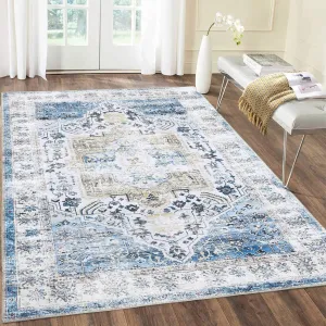 Area Rug 3x5 Washable Rug Blue Vintage Distressed Area Rugs Indoor Floor Cover Carpet Rug Soft Velvet Mat Foldable Accent Rug for Living Room Bedroom Dining Room, 3'x5', Blue