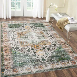 Oriental Orange Green 5x7 Area Vintage Washable Rug Ultra-Thin Rugs Medallion Rug Low Pile Distressed Floor Carpet Retro Accent Rug for Living Room Bedroom Kitchen Dining Table Home Office,Teal