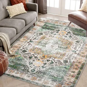 Oriental Orange & Green 10x13 Washable Rugs Living Room Rug Soft Large Area Rug Non-Slip Vintage Distressed Rug for Living Room Bedroom Farmhouse Dining Room Playroom Office, Thin Carpet Medallion Rug Green