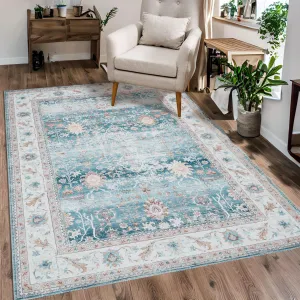 Large Area Rug 8x10 Machine Washable Rug Distressed Area Rugs Indoor Floor Cover Carpet Rug Soft Velvet Mat Foldable Accent Rug for Living Room Bedroom Dining Room, 8' x 10', Blue