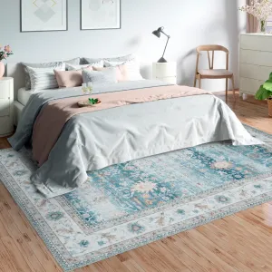 5x7 Vintage Floral Distressed Rug Low Pile Non-Shedding Floor Cover Boho Indoor Soft Living Room Rug Non Slip Thin Rug Foldable Washable Throw Carpet for Bedroom Home Office Decor