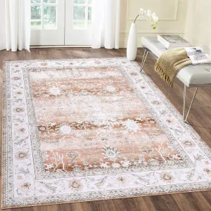 Area Rug 5x7 Machine Washable Rug Vintage Distressed Area Rugs Indoor Floor Cover Carpet Rug Soft Velvet Mat Foldable Accent Rug for Living Room Bedroom Dining Room, 5' x 7', Light Brown Tones