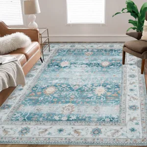 Oriental Green 9x12 Vintage Floral Rug Non-Slip Washable Chenille Low Pile Foldable for Living Room, Bedroom, Dining Room