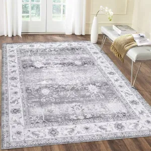 Area Rug 4x6 Distressed Floral Pattern Area Rugs Machine Washable Rug Indoor Floor Cover Carpet Rug Soft Velvet Mat Foldable Accent Rug for Living Room Bedroom Dining Room, 4'x6', Grey