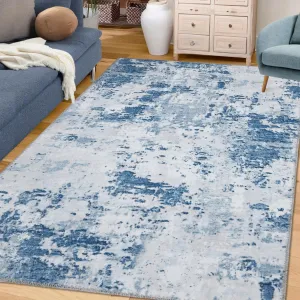 Abstract Blue 5x7 Area Rug Living Room Modern Anti-Slip Area Rug Low Pile Distressed Rug Machine Washable Coastal Grey Rugs Floor Mats for Home High Traffic Area