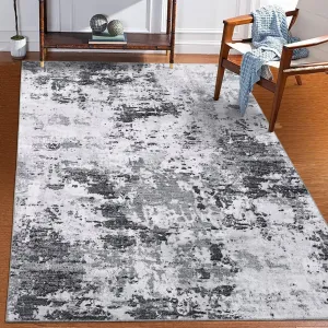 Abstract Grey 5x7 Machine Washable Modern Rugs, Distressed Floor Mat Indoor Soft Floor Cover Low Pile Living Room Rug Non-Shedding Foldable Washable Throw Carpet Non Slip Bedroom Thin Rug