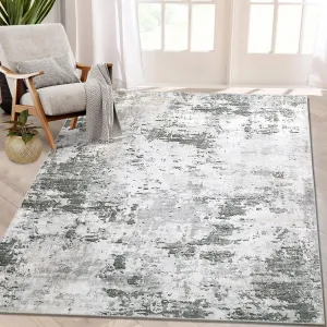 Abstract Grey-Green 3x5 Living Room Rugs, Modern Washable Bedroom Carpet Distressed Rug Contemporary Colorful Rugs for Office Vintage Rug Low Pile Area Rugs Indoor Floor Cover