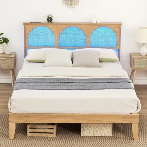 12.4 Inch Deluxe Solid Wood Full Size Bed Frame + LED Lights + Curved Rattan Headboard + Wooden Support Legs + No Box Spring Needed + Easy Assembly + Modern Platform Bed + Suitable for Any Room Decor