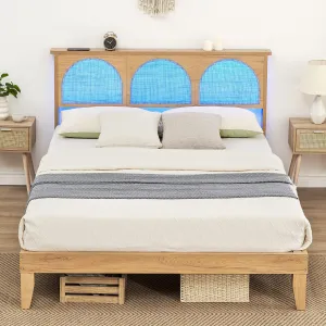 12.4" Deluxe Solid Wood Queen Bed Frame with LED Lights & Rattan Headboard, Wooden Legs, Modern, No Box Spring, Easy Assembly