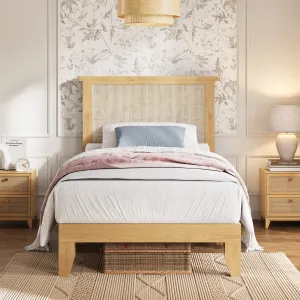 Rattan Twin Bed Frame, Boho Twin Size Bed Frame with Natural Rattan Headboard, Led Lights, Wooden Support Legs and Slats, Noise-Free, No Box Spring Needed