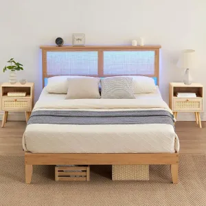 Full Bed Frame with Natural Rattan Headboard, LED Lights & Wooden Support Legs, No Box Spring Needed, Easy Assembly, Modern Design