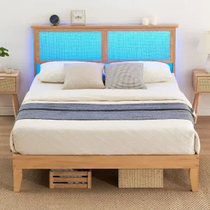 Boho Queen Size Bed Frame, Rattan Quee Bed Frame with Natural Rattan Headboard, Led Lights, Wooden Support Legs and Slats, Noise-Free, No Box Spring Needed