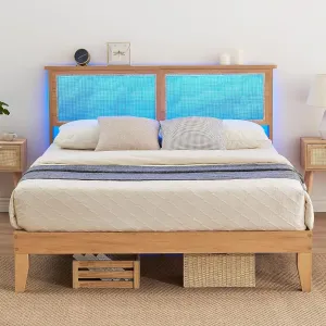 Rattan King Bed Frame, Boho King Size Bed Frame with Natural Rattan Headboard, Led Lights, Wooden Support Legs and Slats, Noise-Free, No Box Spring Needed