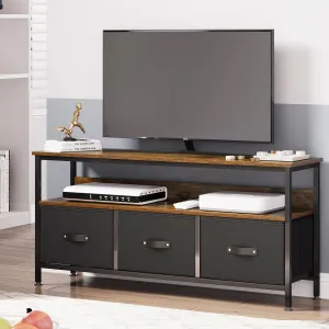 Dresser TV Stand 55 Inch Entertainment Center with Storage, Grey Wood Grain, 3 Fabric Drawers, Metal Reinforced, Living Room/Bedroom