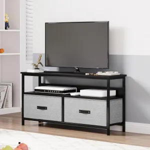 Dresser TV Stand Entertainment Center with Storage, 50 Inch, Grey Wood Grain, 2 Fabric Drawers, Shelves, MDF, Metal, Living Room, Bedroom