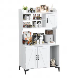 Cat Litter Box Enclosure, Modern Hidden Cat Litter Box Furniture with 4-Tier Storage Shelves, 2 Cabinets, Cat Litter Mat, Large Wood Indoor Cat House Furniture for Home, White