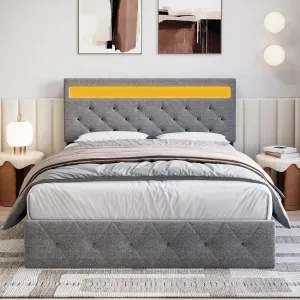 Full Bed Frame with LED Lights Headboard, LED Bed Frame with Fast-Charging USB Port, Upholstered Platform Bed Frame, No Box Spring Needed, Easy Assembly, Grey