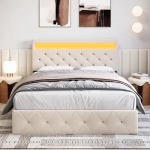 Full Bed Frame with LED Lights Headboard, LED Bed Frame with Fast-Charging USB Port, Upholstered Platform Bed Frame, No Box Spring Needed, Easy Assembly, Beige