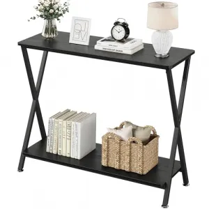 Console Table + Narrow Entryway Table + Storage Shelf + Metal Frame + MDF Wood + X-Shaped Metal Tubes + Adjustable Footpads + Living Room, Foyer, Bedroom
